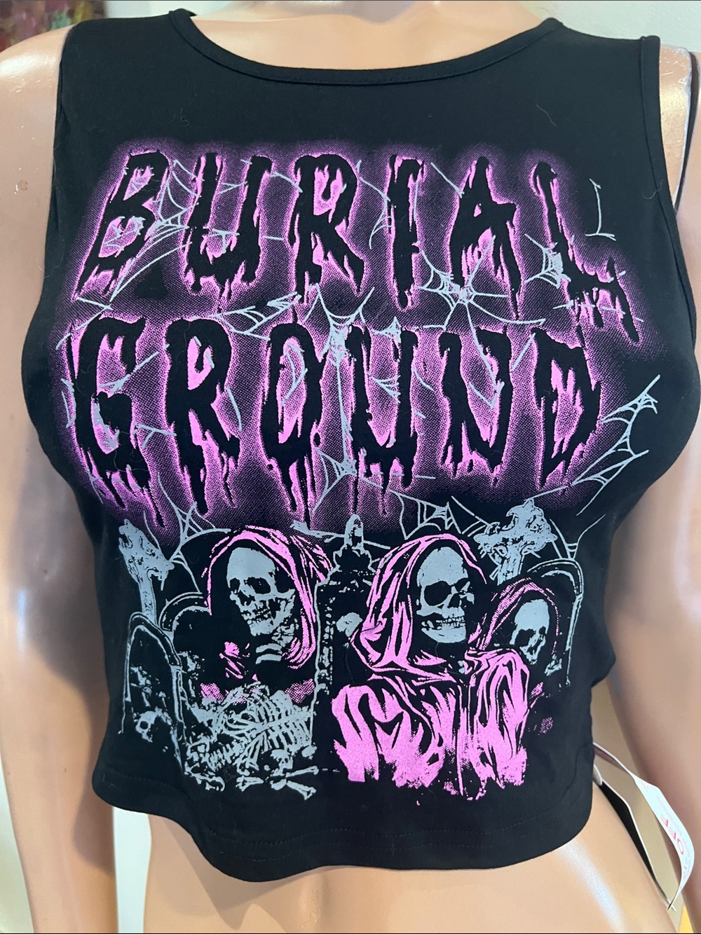 Black Crop Tank top burial ground S skeleton graveyard Gothic nwt